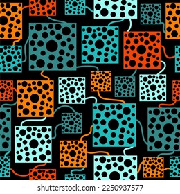 Colorful seamless pattern. Bright abstract squares and circles on black background. Print, textile, wrapping paper, fabric. Modern crazy shapes.