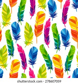 Colorful seamless pattern with bright abstract transparent feathers.