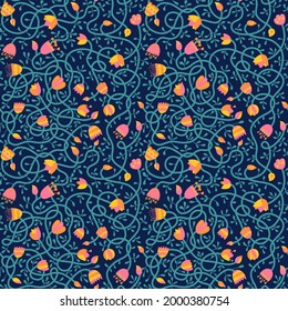 A colorful seamless pattern of bright colors. Vector doodle illustration of intertwined plants for decoration, wrapping paper and fabric