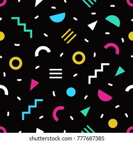 Colorful seamless pattern with bright geometric shapes and lines in retro 1980s style. Trendy simple endless background for textile print, wrapping paper. Vector illustration.