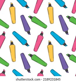 Colorful seamless pattern with bright highlighters. Background with blue, green, yellow, pink, and violet markers. School supplies. Stationery for drawing and studying.