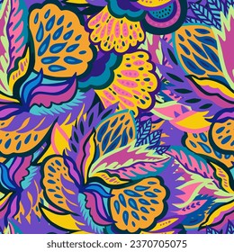 Colorful seamless pattern with bright psychedelic abstract elements. Vector illustration