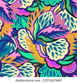 Patrón colorido y sin fisuras con elementos psicodélicos abstractos brillantes. Ilustración del vector