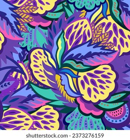 Colorful seamless pattern with bright psychedelic abstract elements. Vector illustration