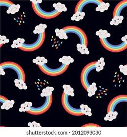 Colorful seamless pattern with bright rainbow, happy clouds and  
raindrops on black background.  Perfect for design clothing print, greeting cards, wrapping, wallpapers, etc. Vector illustration.