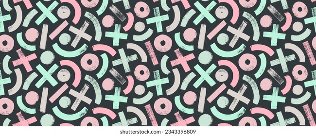 Colorful seamless pattern with brush drawn arches, x and circles. Contemporary vector geometric ornament with multi colored simple forms. Banner background with grunge crosses, dots and semi circles.