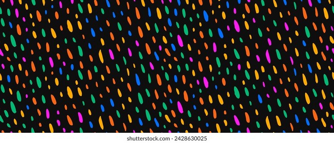 Colorful seamless pattern with brush drawn blobs and spots. Confetti background with various dashes and small doodle lines. Hand drawn simple childish texture for web banner or fabric.