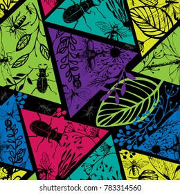 Colorful seamless pattern with bugs, plants and triangles. Vector illustration.