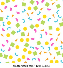 Colorful seamless pattern of building kit simple geometric shapes. Happy, funny and infantile theme. Abstract vector background.