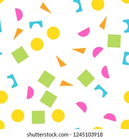 Colorful seamless pattern of building kit simple geometric shapes. Happy, funny and infantile theme. Abstract vector background.