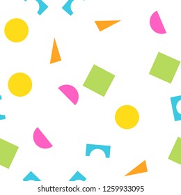 Colorful seamless pattern of building kit simple geometric shapes. Happy, funny and infantile theme. Abstract vector background.