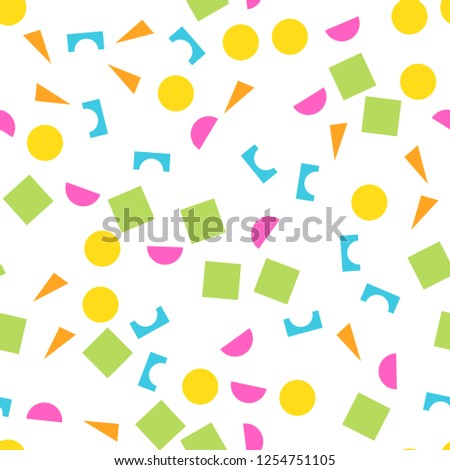 Colorful seamless pattern of building kit simple geometric shapes. Happy, funny and infantile theme. Abstract vector background.
