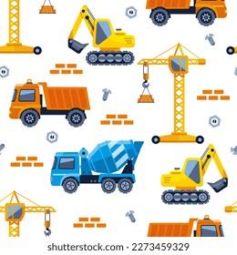 Colorful seamless pattern with building truck and various construction equipment. Vector illustration design for fashion fabrics, textile graphics, prints.