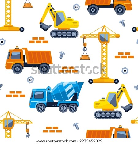Colorful seamless pattern with building truck and various construction equipment. Vector illustration design for fashion fabrics, textile graphics, prints.