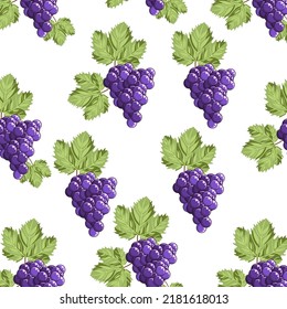 Colorful, seamless pattern of a bunch of purple grapes on a white background.The vector pattern can be used in the designs of wineries, textiles.juice packs, menus.