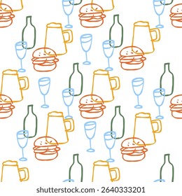 Colorful seamless pattern of burgers, beer mugs, wine bottles, and glasses