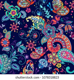 Colorful seamless pattern with butterflies and decorative elements. Paisley. Indian style. Decorative ornament for  fabrics, textile, wrapping paper. 