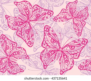 Colorful seamless pattern with butterflies. Elegant design in boho style. Hand drawn illustration for vintage textile, fabric design, wrapping paper, tiles and website wallpaper.