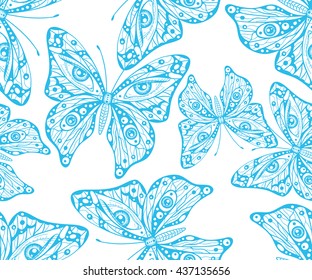 Colorful seamless pattern with butterflies. Elegant design in boho style. Hand drawn illustration for vintage textile, fabric design, wrapping paper, tiles and website wallpaper.