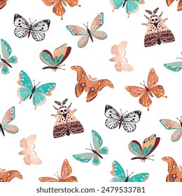 Colorful seamless pattern with butterflies and moths.Flying insects with floral and animal ornament.Decorative background or texture for printing on fabric and paper.Vector design for summer season.