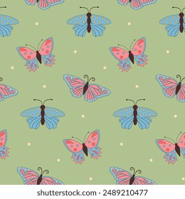 Colorful seamless pattern with butterflies. Summer floral repeat background for fabrics or wallpapers.