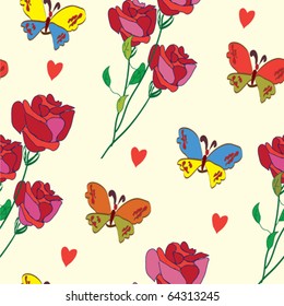 Colorful seamless pattern with butterfly, rose and heart