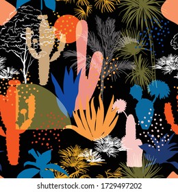 Colorful of Seamless pattern with cactus ,trees and plants,succulents. Modern style illustration vector EPS10,Design for fashion,fabric,card,invitations,wrapping,wallpaper,and all prints on black