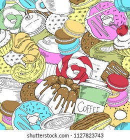 Colorful seamless pattern with cake, donut, croissant, candy, macaron. Hand drawn grahic.