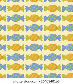 Colorful seamless pattern of candies in bright wrappers. Background with sweet treat caramel