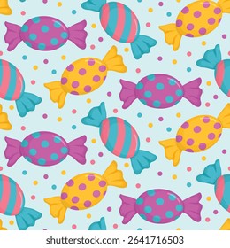 Colorful seamless pattern with candies bright wrappers. Background with caramel sweets and confetti