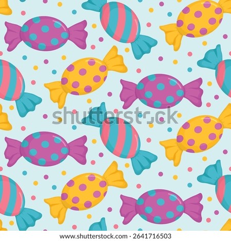 Colorful seamless pattern with candies bright wrappers. Background with caramel sweets and confetti