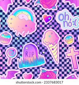 Colorful seamless pattern: candies, sweets, rainbow, icecream, tombstone, cross, lollipop, cupcake, rose, bat. Vector illustration. Stickers, pins, patches..Halloween pastel colors.