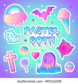 Colorful seamless pattern: candies, sweets, rainbow, ice cream, tombstone, cross, lollipop, cupcake, rose, bat. Vector illustration. Stickers, pins, patches.
Halloween pastel colors. Cute gothic style