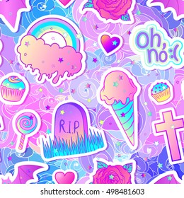 Colorful seamless pattern: candies, sweets, rainbow, ice cream, tombstone, cross, lollipop, cupcake, rose, bat. Vector illustration. Stickers, pins, patches
Halloween pastel colors. Cute gothic style 