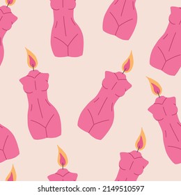 Colorful seamless pattern with candle in shape of woman body, flat vector illustration on beige background. Trendy and colorful pattern with concept of home decor and aromatherapy.