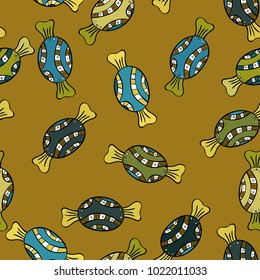 Colorful seamless pattern with candy abstract geometric style. Trendy vector background. On brown, black and green colors.