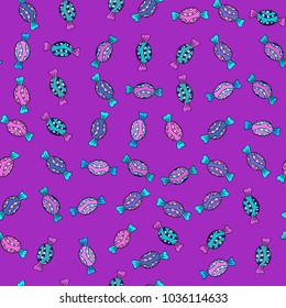 Colorful seamless pattern with candy abstract geometric style. Trendy vector background. On violet, blue and black colors.