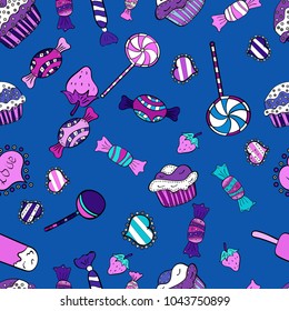 Colorful seamless pattern with candy abstract geometric style. Trendy vector background. On blue, black and white colors.