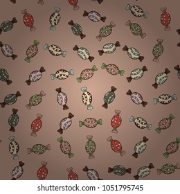 Colorful seamless pattern with candy abstract geometric style. Trendy vector background. On beige, black and neutral colors.