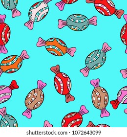 Colorful seamless pattern with candy abstract geometric style. Trendy vector background. On black, blue and pink colors.