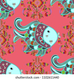 Colorful seamless pattern with candy abstract geometric style. Trendy vector background. On blue, white and black colors.