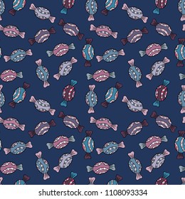Colorful seamless pattern with candy abstract geometric style. Trendy vector background. On violet, neutral and black colors.