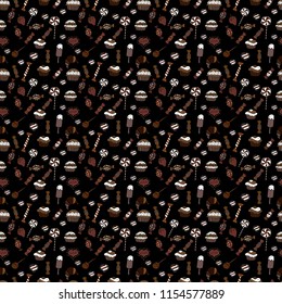 Colorful seamless pattern with candy abstract geometric style. Trendy vector background. On black, brown and white colors.