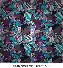 Colorful seamless pattern with candy abstract geometric style. Trendy vector background. On black, blue and gray colors.