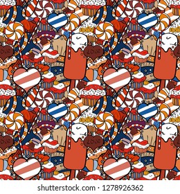 Colorful seamless pattern with candy abstract geometric style. Trendy vector background. On black, orange and white colors.