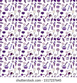 Colorful seamless pattern with candy abstract geometric style. On purple, white and violet colors. Trendy vector background.