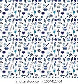Colorful seamless pattern with candy abstract geometric style. Trendy vector background. On blue, gray and white colors.