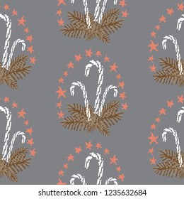 Colorful seamless pattern with candy cane, stars  and wreath. Pixel art Merry Christmas and New Year illustration for decoration, wrapping paper. Vector.