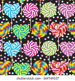 colorful seamless pattern, candy lollipops, spiral candy cane. Candy on stick with twisted design pastel colors polka dot black background. Vector