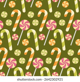 Colorful seamless pattern with сandy cane and swirl candies. Bright background of Christmas sweets